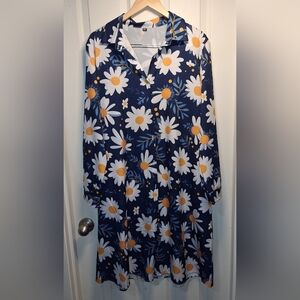 Floral Navy Dress with Daisies Full Button Up XL